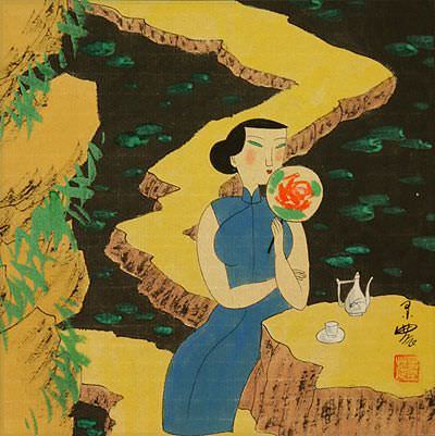 Chinese Tea by the Lily Pond - Modern Art Painting
