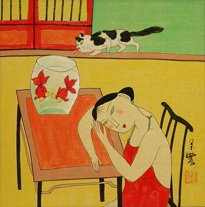 Asian Woman and Goldfish with Cat - Modern Chinese Art Painting