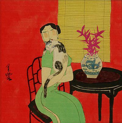Asian Woman and Cat - Oriental Modern Art Painting