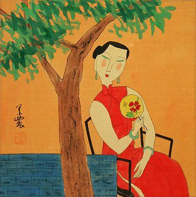 Woman Fanning Under a Tree - Chinese Modern Art Painting