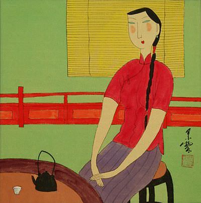 Woman with Tea Cup and Pot - Chinese Modern Art Painting