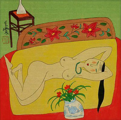 Nude Asian Woman on Bed - Modern Art Painting