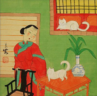 Chinese Woman & White Cats - Modern Art Painting