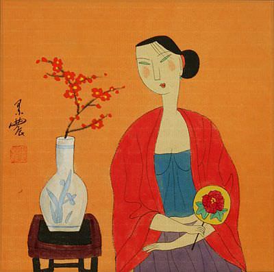 Asian Woman and Blossoms - Modern Art Painting