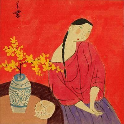 Woman, Cat, and Plum Blossom Vase - Modern Art Painting