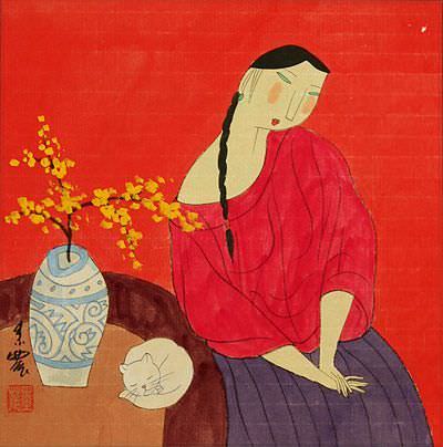 Beautiful Asian Woman and Cat - Modern Art Painting