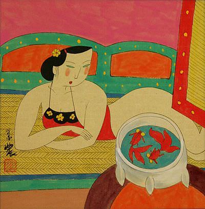 Chinese Woman & Fish Bowl - Modern Art Painting