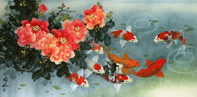 Koi Fish and Peony Painting - Chinese Art