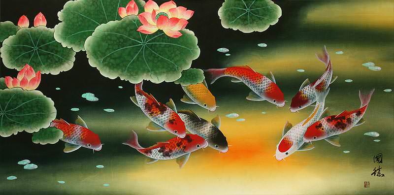 Huge Koi Fish and Lily Elaborate Painting