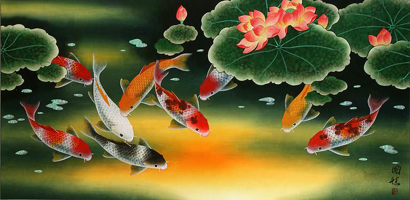 Huge Koi Fish and Lily Chinese Art Painting
