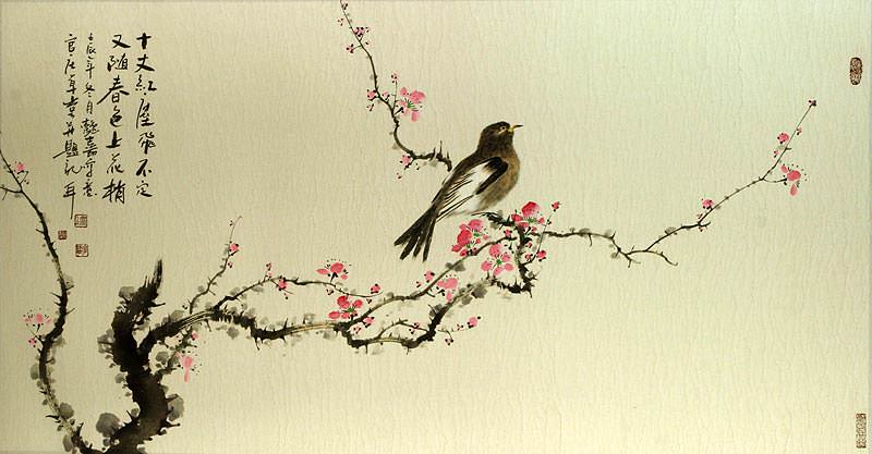 Red Earth and Colors of Spring - Large Bird and Flower Painting
