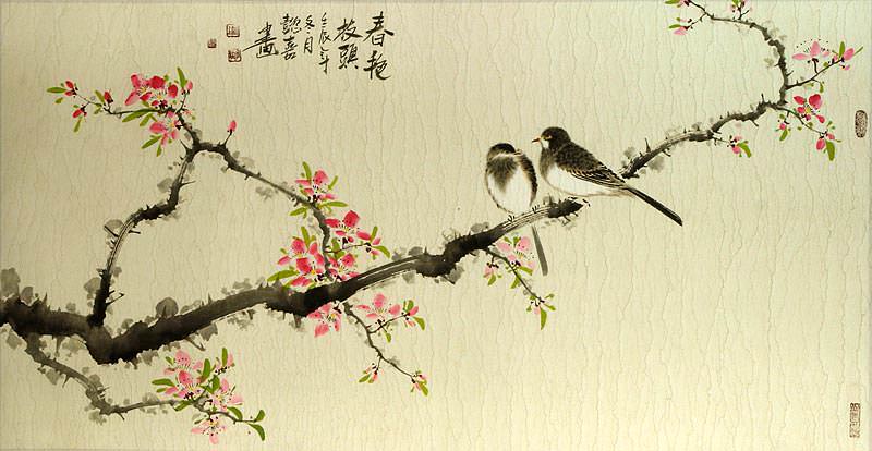 Coming of Spring - Large Birds and Flowers Painting