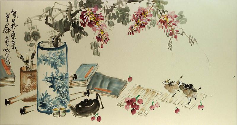 Still Life - Vase, Flower, Teapot, Birds Painting