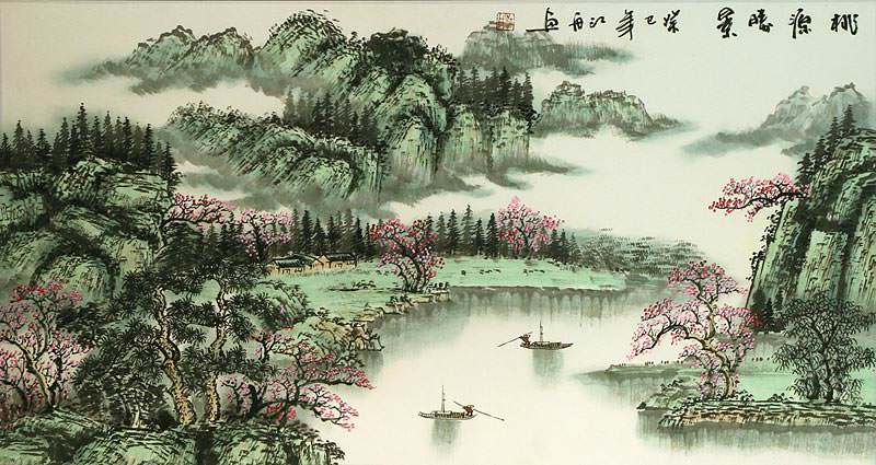 Chinese River Boat Village Landscape Painting