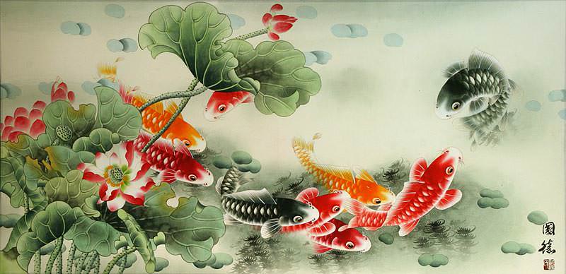 Chinese Koi Fish and Lotus Large Painting