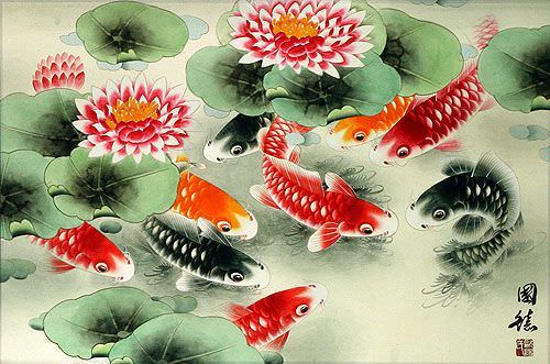 Koi Fish and Lotus Flower - Colorful Asian Art Painting