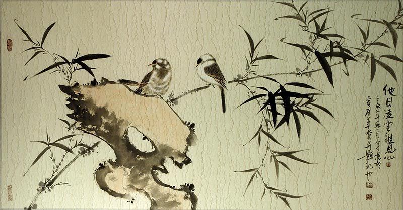 Birds and Bamboo Large Painting