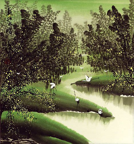 Southern Chinese Cranes Landscape Painting