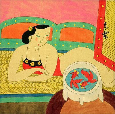 Chinese Woman and Fish Bowl - Modern Art Painting