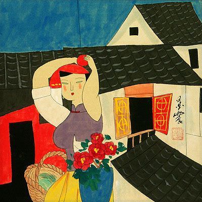Asian Woman Going Shopping - Modern Art Painting