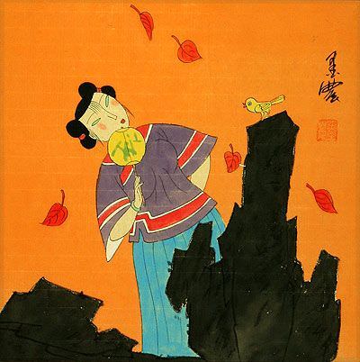 Elegant Chinese Lady and Bird - Modern Art Painting