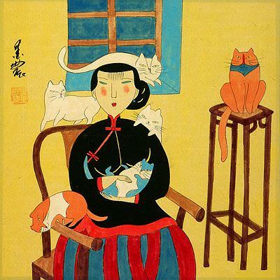 Woman and Six Cats - Chinese Modern Art Painting