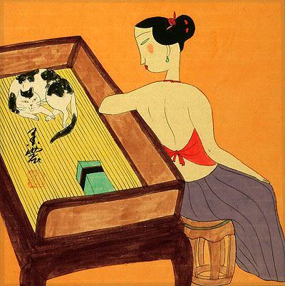 Elegant Chinese Woman and Cat - Modern Art Painting