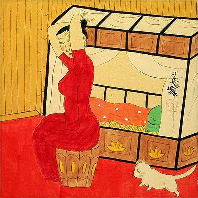 Woman with Cat - Modern Asian Art Painting