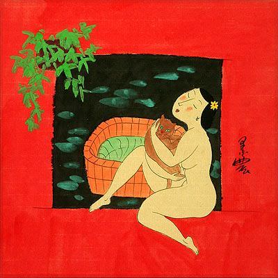 Hanging Out in the Nude with Cat - Modern Art Asian Painting