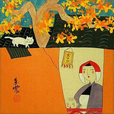 Chinese Mother & Baby Boy with Cat - Modern Art Painting