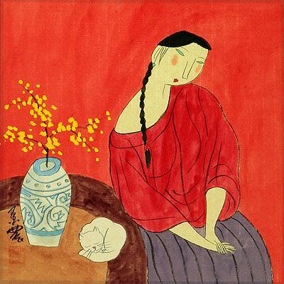 Woman, Cat, & Plum Blossom Vase - Modern Art Painting