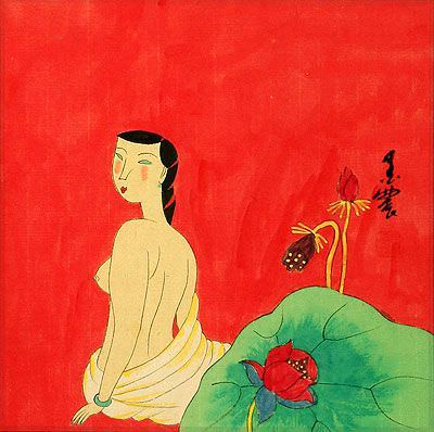 Hanging Out in the Nude with Flowers - Modern Art Painting