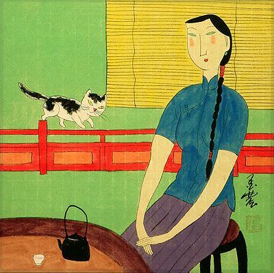 Asian Woman and Cat - Modern Art Painting