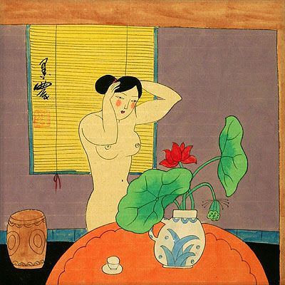 Nude Woman with Lotus Flowers - Chinese Modern Art Painting