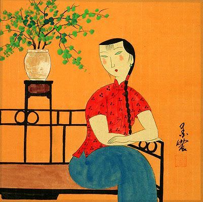 Woman and Bonsai - Modern Art Painting