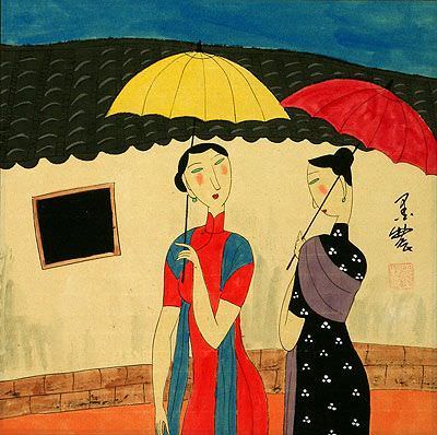 Chinese Ladies Out for a Stroll - Modern Art Painting
