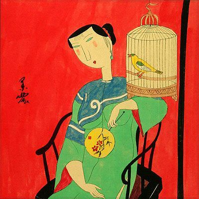 Woman and Bird Cage - Modern Art Painting