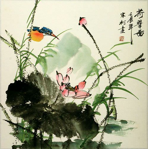 Chinese Bird and Lotus Flower Painting