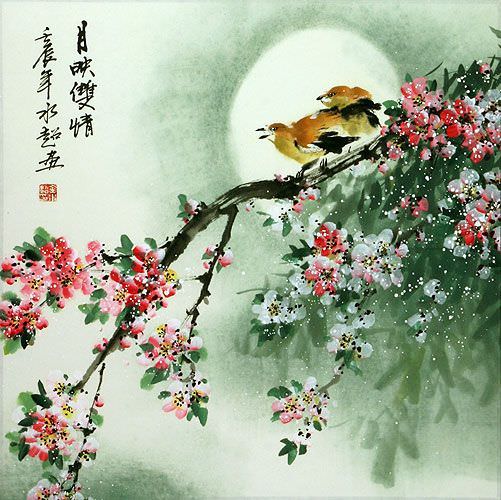 Birds & Plum Blossom Full Moon Painting
