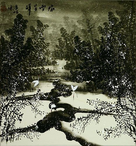 Chinese Cranes Landscape Painting