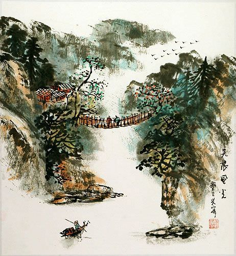 Chinese Mountain Cliff Village Boat and Bridge Landscape Painting