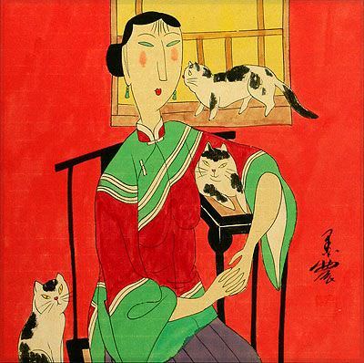 Chinese Woman & Three Cats - Modern Art Painting