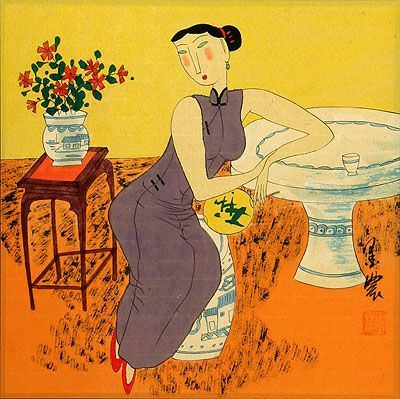 Elegant Woman with Fan Beside Garden Table - Modern Art Painting