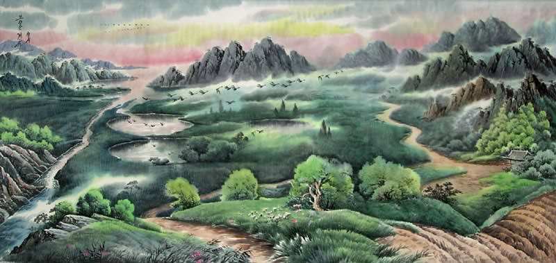 North Korean Village Home Landscape Painting
