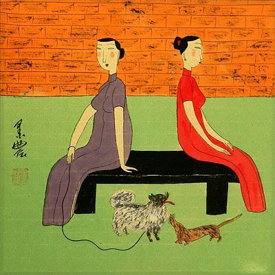 Two Women with Dogs on Bench - Modern Art Painting