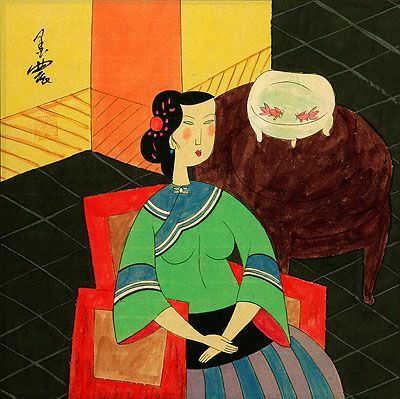 Woman in Red Chair with Goldfish Bowl - Modern Art Painting