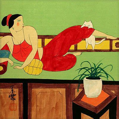 Woman and Cat on Platform Bed - Modern Asian Art Painting