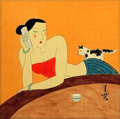 Asian Woman Book and Cat - Chinese Modern Art Painting