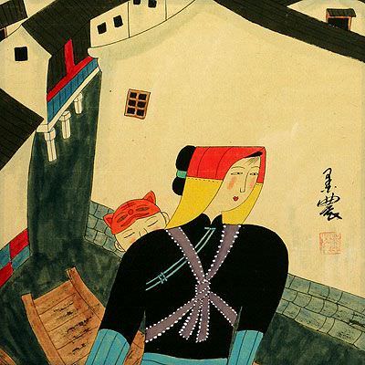 Mother and Child in Historic Suzhou - Modern Art Painting