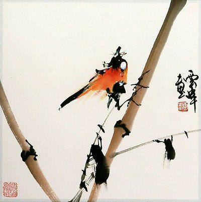 Chinese Bird and Bamboo Grass Painting